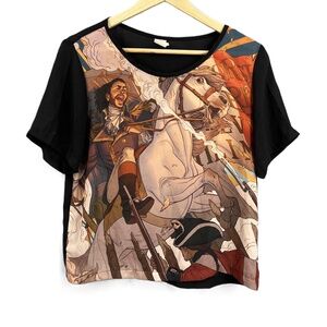 Graphic Print Short Sleeve Womens Top Battle Horse Lightweight Woven Size Small